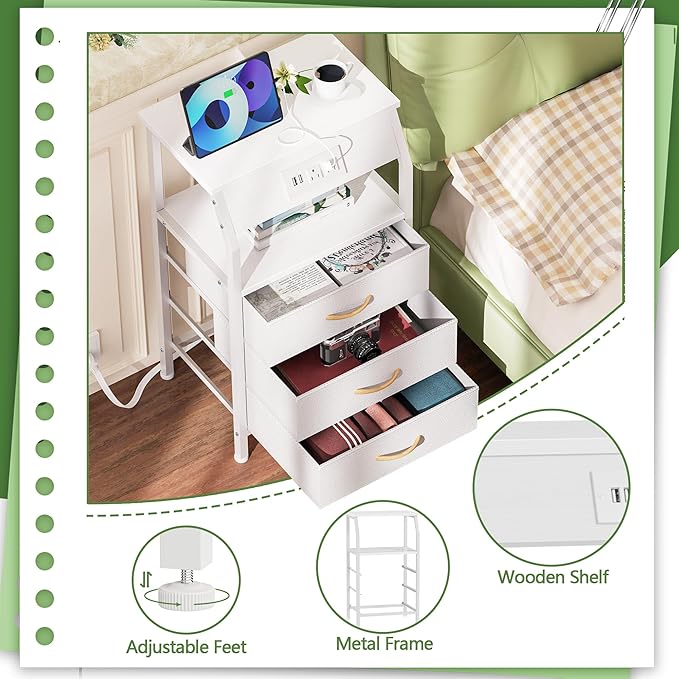 Furnulem Night Stand with Charging Station, 28.3 Inch Tall Bedside Table with PVC Drawers, End Table with USB Ports and Outlets, 3 Fabric Drawer Storage Nightstand for Bedroom, 3 Ways to Use, White