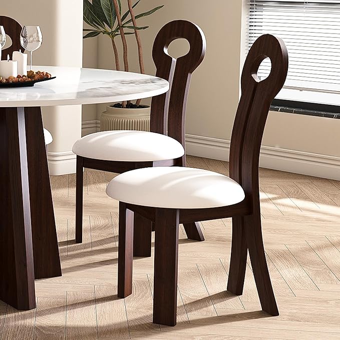 Dining Chairs Set of 2, Key-Design Home Chairs, PU Leather Solid Wooden Dining Chairs with White Round Cushion for Kitchen Dining Room-Deep Walnut Brown