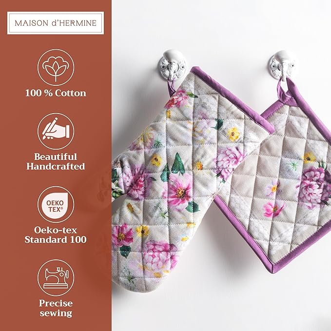 Maison d' Hermine 100% Cotton Oven Mitt & Pot Holder Set (7.5"x13" & 8"x8") Heat Resistant BBQ Cooking Gloves with Loop, Baking, Grilling, Kitchen, Handling Hot Pans Spring/Summer (Pivoine)