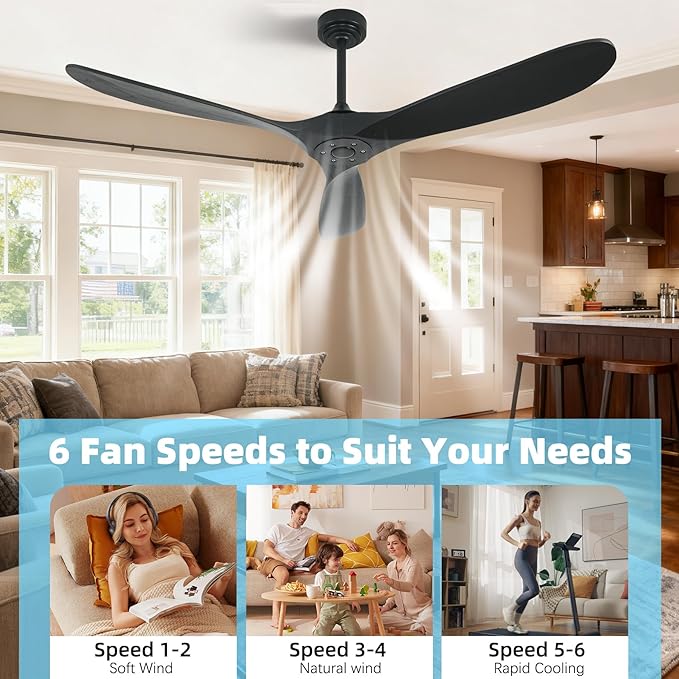Outdoor Ceiling Fan Without Light, 60 Inch Smart Ceiling Fan with Remote & Voice Control for Alexa/Google, 3-Blade Wood Fan, Quiet DC Motor, 6 Speeds for Patio, Porch, Farmhouse, Black