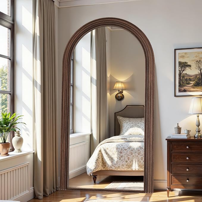 Antok Full Length Mirror 82"×44" Floor Mirror Standing Tall Mirror, Arched Stand up Large Wall Mirrors, Freestanding Full Body Mirrors for Bedroom Living Room Wood Vintage Style Nature
