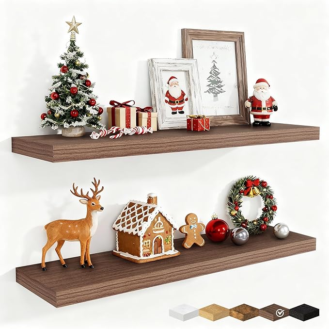 Fun Memories 36 Inch Floating Shelves, 9.3 Inch Deep Rustic Wall Shelves - Extra Deeper Wall Mounted Storage Shelves for Bathroom, Kitchen, Living Room (Walnut, Set of 2)