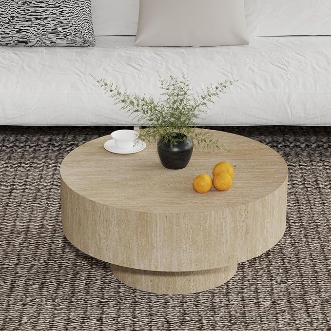 Round Coffee Table, Handcrafted Fluted Drum Coffee Tables Modern Wood Coffee Table Circle Drum Center Table for Living Room, Apartment (Travertine Round)