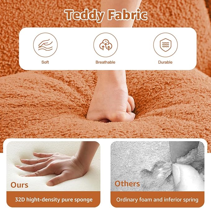 Orange Teddy Fabric Cloud Ottoman, Modern Boneless Modular Footstool in a Box for Living Room, Comfortable Deep Seat Design, No Assembly Required, Sofas para Sala