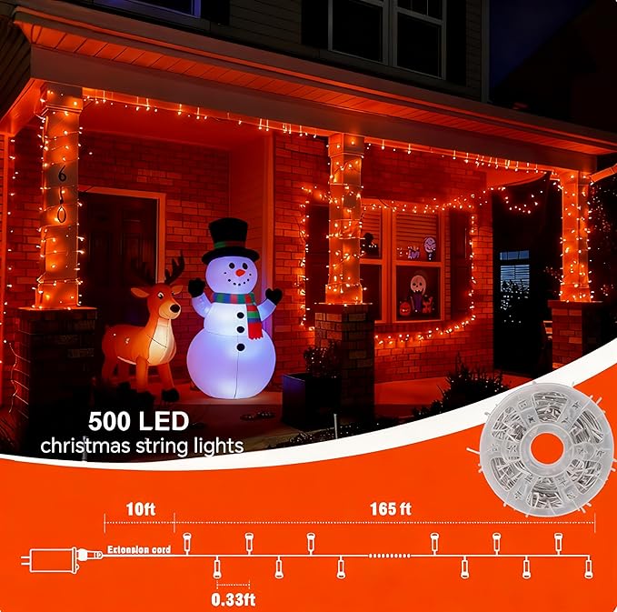 QITONG Orange Christmas Lights, 165ft 500 LED Outdoor String Lights Plug in, Clear Wire Fall Lights Indoor with 8 Modes for Thanksgiving décor