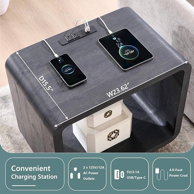 23.6" Modern End Table Set of 2, 2 Tier Side Table with Charging Station, Simple Bedside Table with Open Storage Shelf, Outlet, Wooden Nightstand for Bedroom, Living Room, Study, Dark Grey
