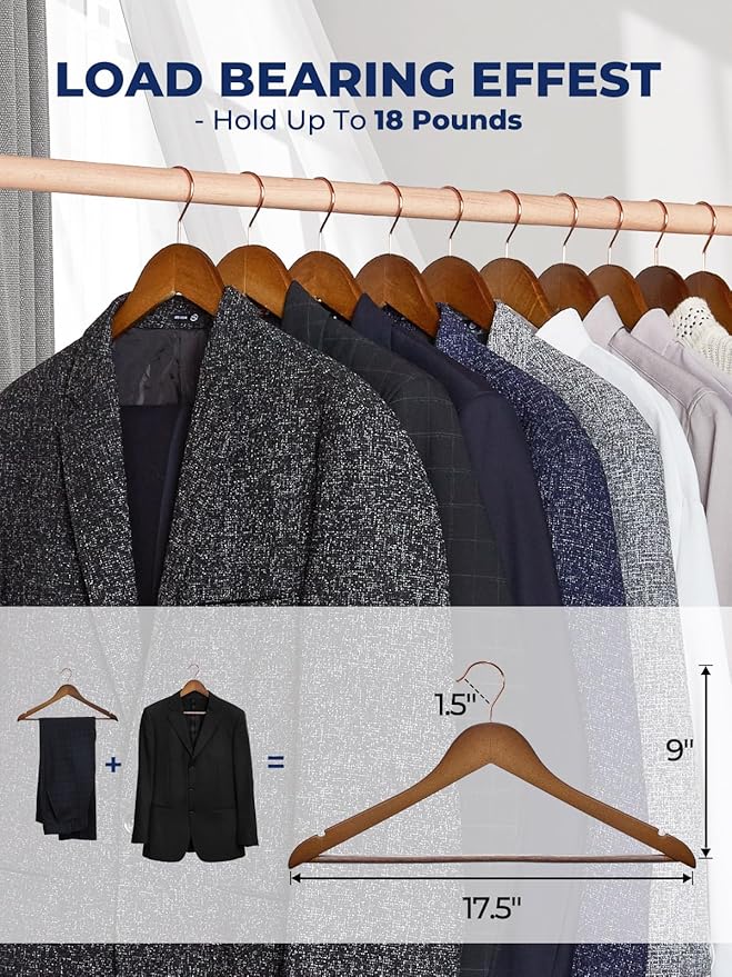 Smartor Wooden Hangers 20 Pack, Solid Wood Coat Hanger for Closet, Heavy Duty Wood Hangers for Suits, Shirts, Dresses, with 360° Rose Gold Hook, Non Slip Pant Bar, Walnut