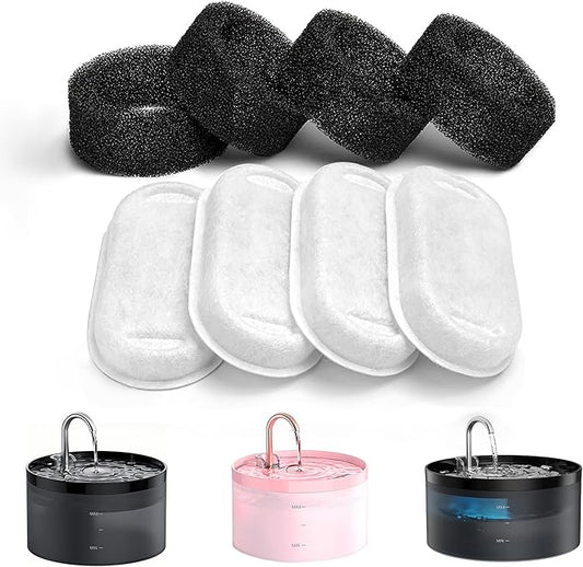 Cat Water Fountain Filters: 8 Pet Fountain Filter Replacement - 4 Pieces Filters + 4 Pieces Sponges for Cat Fountains - Cat Water Filter - Cat Filters for Pet Water Fountain H1 (67oz/2L)