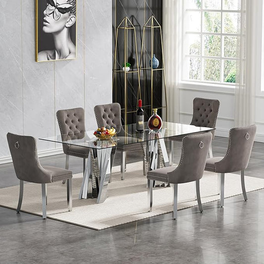 Goujxcy 70" Glass Dining Table Set for 6, Modern Silver Dining Table Set with 6 Grey Velvet Upholstered Dining Chairs, 7 Piece Kitchen Dining Room Table Set with Stainless Steel Legs