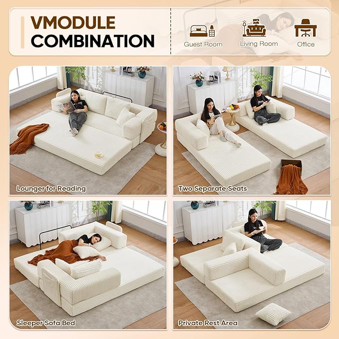Antetek Convertible Sofa Bed, Comfy Corduroy Fluffy Love seat Sleeper Sofa, 5 in 1 Folding Couch Bed, Fold Out Floor Couch with Pillows for Bedroom, Living Room, Office, Wide Stripes, Beige