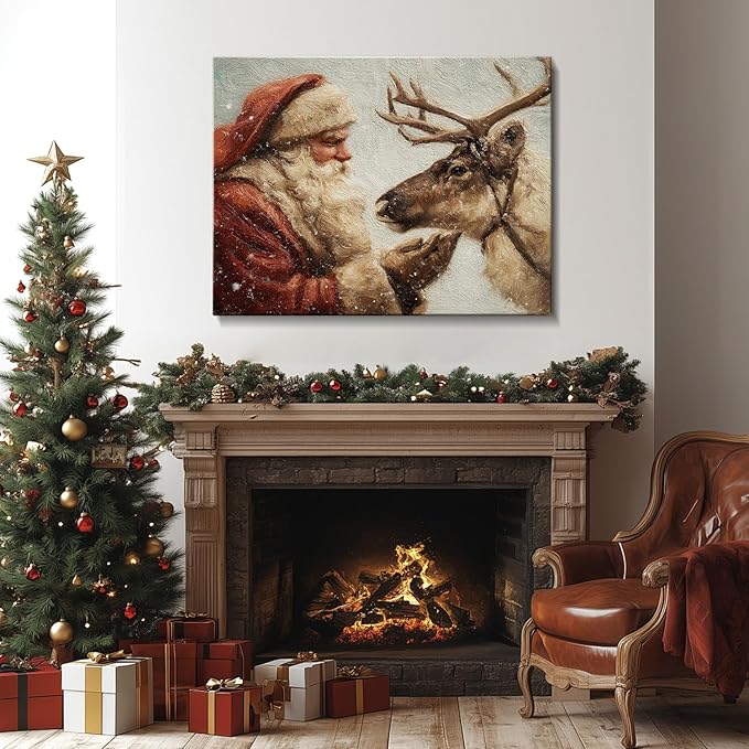 Santa Claus & Reindeer Christmas Canvas Wall Art - Festive Framed Print for Living Room & Office Decor, Ready-to-Hang Christmas Wall Art, Ideal Christmas Gifts & Holiday Decorations