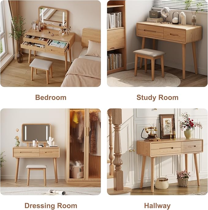 Solid Wood Vanity Desk with Mirror and Lights,Adjustable Height and Brightness, Makeup Vanity with 3 Drawers,Semi-Assembled,Dressing Table for Bedroom (Natural)