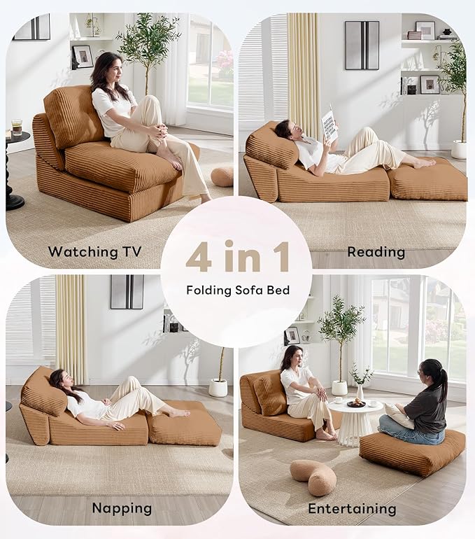 Tbfit Folding Sofa Bed, Convertible Sleeper Chair with Large Pillow, Corduroy Folding Couch Bed, Portable & Foldable Mattress Boneless Floor Sofa for Living Room, Bedroom, Office, Brown, Single