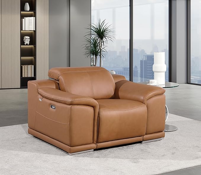 Blackjack Furniture Venice Top Grain Italian Leather Power Recliner Chair with Adjustable Headrest Modern Luxury Seating for Living Room Lounge, Cognac