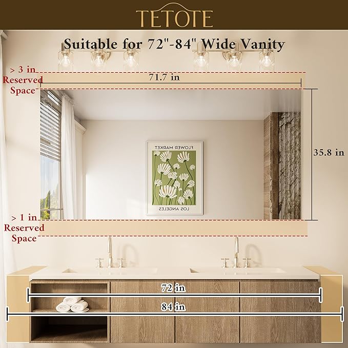 TETOTE 72" x 36" Frameless Mirror for Wall Oversized Rectangle Tempered Mirror, Suitable for Bathroom, Bedroom, Entryway, Hallway, Gym, Vertically/Horizontally