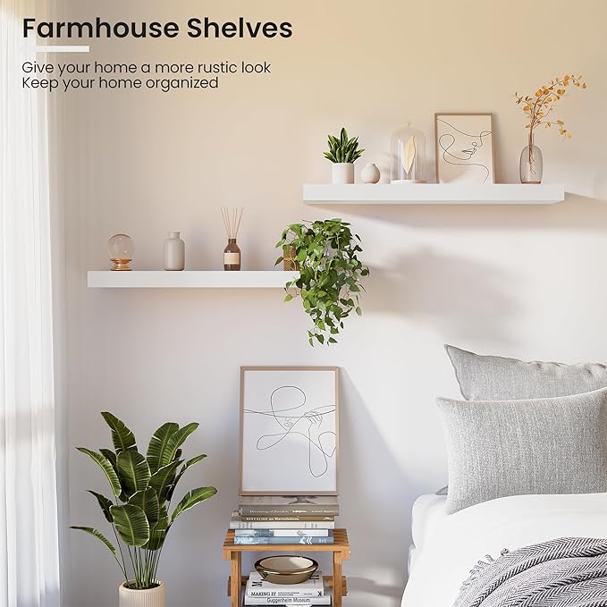 Vivelove Wooden Floating Shelves for Wall 24” x 8”x 1.4”, Solid Wood Shelf with Invisible Brackets, Deep Wall Shelves for Bathroom, LivingRoom, Kitchen, Bedroom, Modern Home Decor, Set of 2 - White