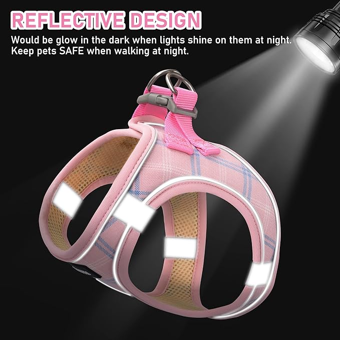 GAMUDA Small Dog Harness Collar and Leash Set, Step in No Chock No Pull Soft Mesh Adjustable Dog Vest Harnesses Plaid Reflective for Dogs Puppy Cats Kitten Rabbit (Pink, XL)