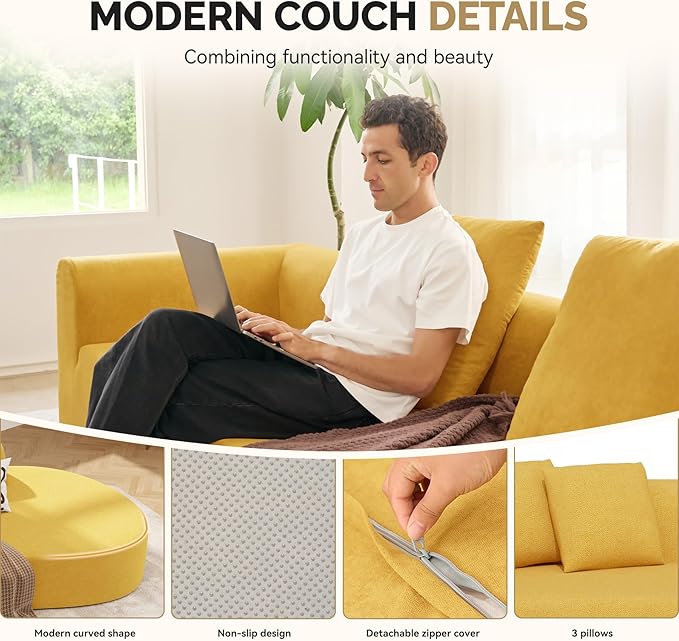 128" Oversized Modern Curved Sofa,Boneless Cloud Sectional Couch with Deep Seat,No Assembly Required Chenille Couches for Living Room,Yellow,1 PCS