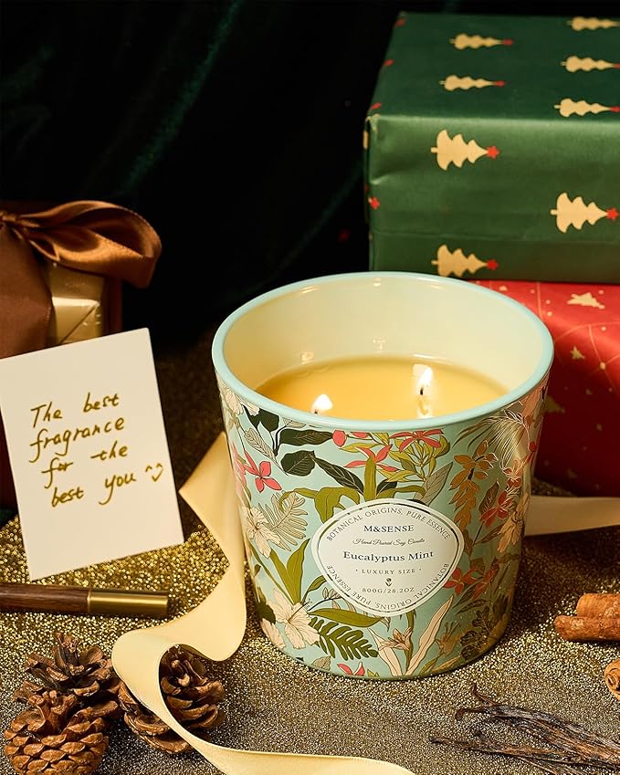 M&SENSE Eucalyptus Mint Scented Candle, 28.2oz 3 Wick Natural Soy Wax Large Candles, Long Lasting Clean Slow Burning No Toxic Décor for Home Relaxation, Romantic Dates Gift-Giving