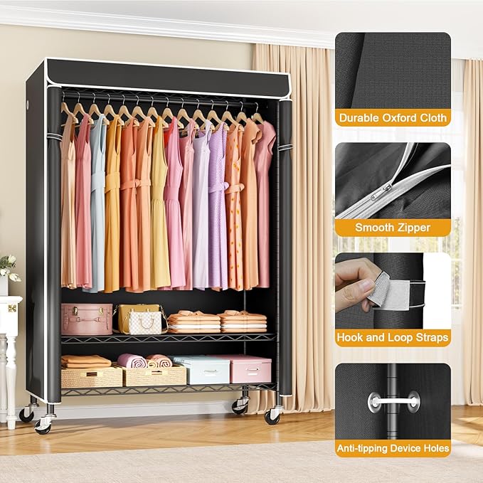 P6C Plus Rolling Clothes Rack with Cover, Covered Clothing Rack Heavy Duty, Portable Closet for Hanging Clothes, Garment Rack on Wheels, Black Closet Rack with Black Cover, Max Load 375LBS
