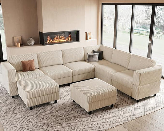Modular Sectional Sofa U Shaped Couch with Storage Ottoman Corduroy Sectional Couch for Living Room, Beige