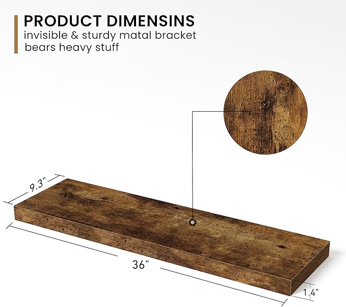 Fun Memories 36Inch Floating Shelves, 9.3Inch Deep Rustic Wall Shelves - Extra Deeper & Thicker Wall Mounted Storage Shelf for Kitchen, Farmhouse - Set of 2 - Rustic Brown