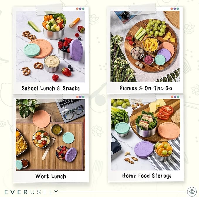Everusely - Stainless Steel Food Containers - 3 Pack, Bright - Metal Lunch Box - Nesting Snack Containers for Office, Home Food Storage - Leakproof Silicone Lids - Dishwasher and Freezer Safe