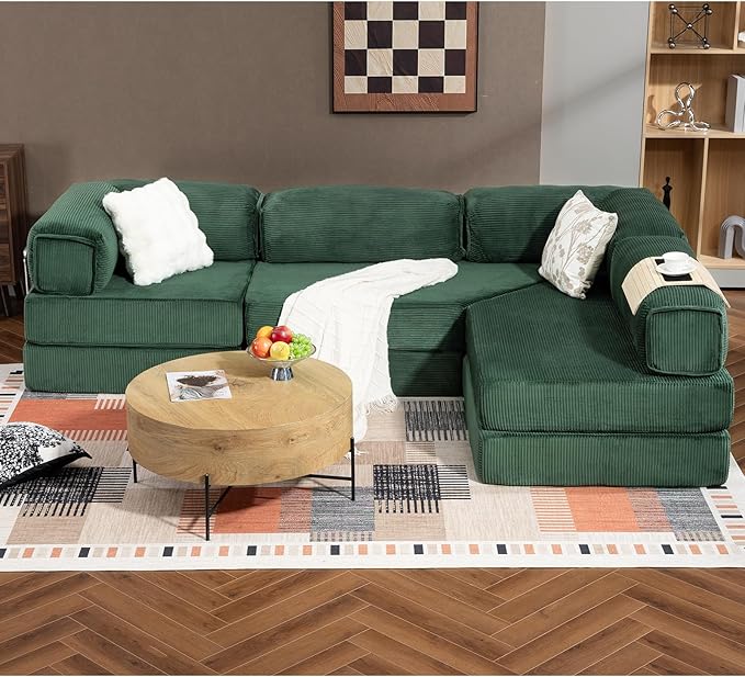 108" L Shaped Couch, Modular Sectional Sofa with Chaise, Cloud Boneless Couch with Deep Seat & Removable Pillow for Living Room, Bedroom,No Assembly Required（Dark Green）