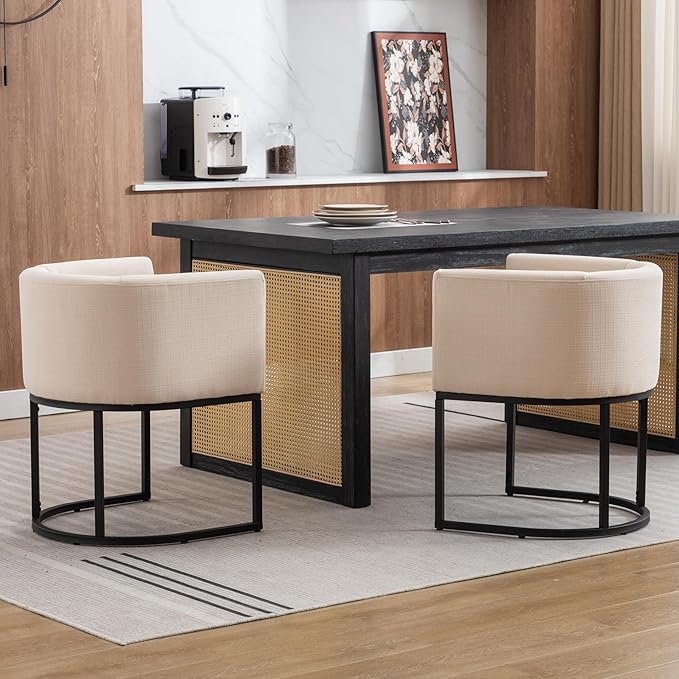 Linen Fabric Dining Chairs Set of 2 - Modern Barrel Arm Chair With Black Frame, Upholstered Kitchen Seat 18.5" Wide for Living Room, Restaurant, Cream