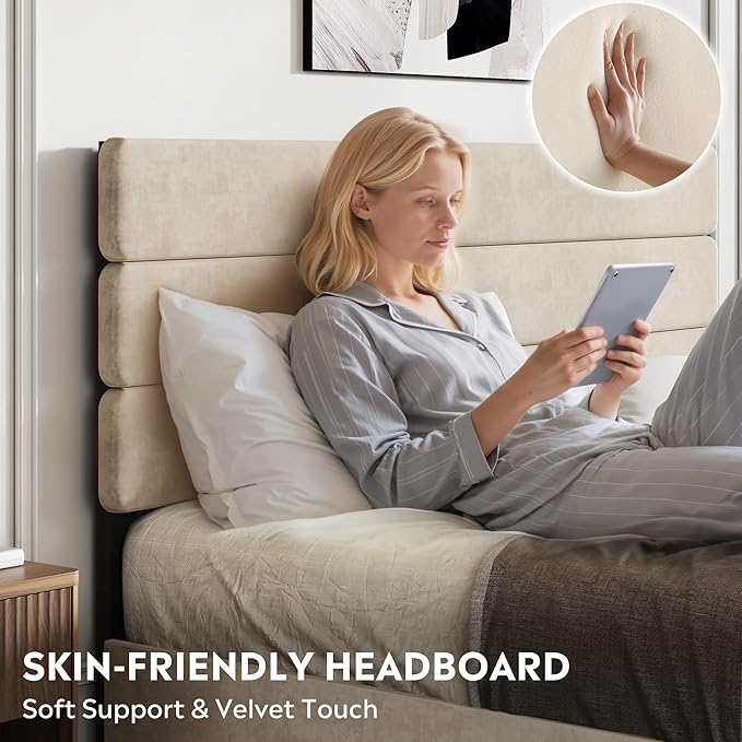 WLIVE Queen Size Upholstered Bed Frame with 4 Drawers and Velvet Square Tufted Headboard, Sturdy Metal & Wooden Slats Support, No Box Spring Needed, Easy Assembly, Beige