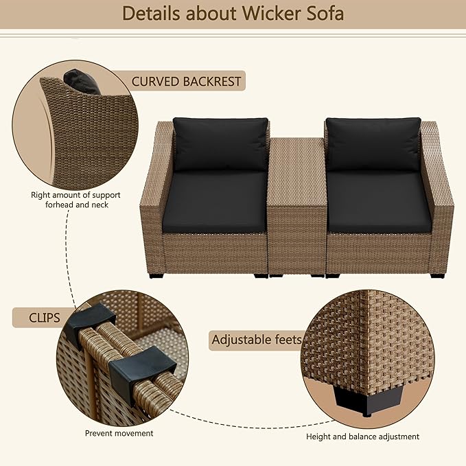 LHBcraft Patio Conversation Set Rattan Outdoor Sectional Furniture Sofa Set Wicker Couch with Coffee Table and Cushions for Poolside, Backyard (Yellow-Black, 3-PCS)