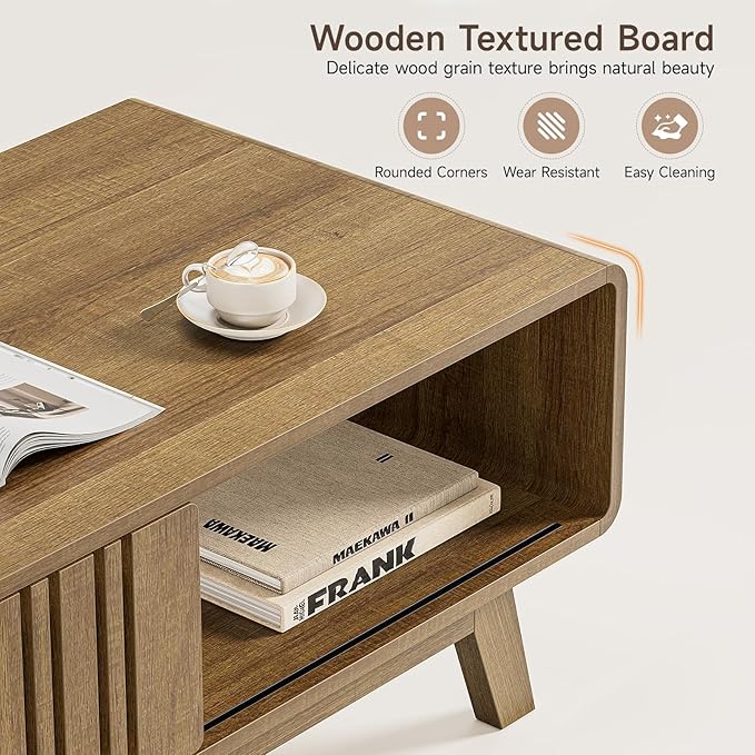 ONBRILL Coffee Table, Mid Century Modern Table with Storage Compartment, Fluted Table with Sliding Cabinet Door, Farmhouse Wood Coffee Table for Living Room (Natural)
