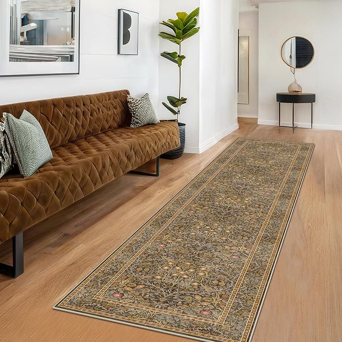 Non Slip 2x10 Gold Brown Hallway Runner - 10ft Long Runner Rugs, Washable Kitchen Floor Mat - Vintage Floral Design Décor