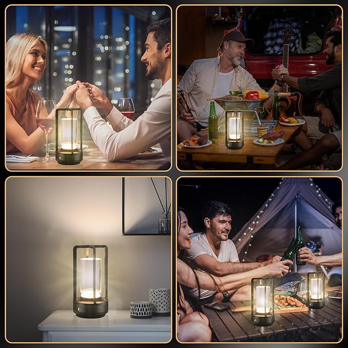 Portable Metal Table Lamp,Cordless Table Lamp, Rechargeable Battery Operated Lights, LED Table Lamps, 3 Color Stepless Dimming Touch, for Bedroom Restaurant Home Outdoor (Black)
