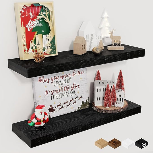 Fun Memories Floating Shelves for Wall, 22.5" Rustic Wood Deep Wall Mounted Shelves with Invisible Brackets for Decor & Storage, Floating Shelf for Living Room, Bathroom (Black, Set of 2)
