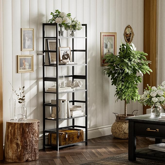 5-Tier Bamboo Wood Ladder Bookshelf, Tall Display Storage Shelf, Large Bookcase Modern Industrial Stand Organizer for Home, Office, Living Room, Kitchen, Bedroom, Black