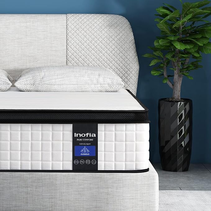 Inofia Queen Mattress, 10 Inch Hybrid Innerspring Spring with Memory Foam, Cool Bed in a Box, Pressure Relief with Motion Transfer, Mattress Queen Size