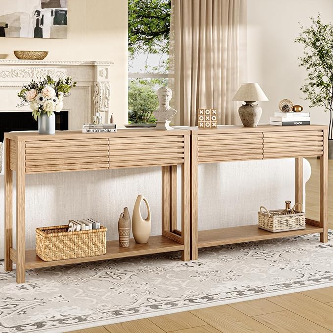 EAG 40" Fluted Console Table with 2 Drawers, Modern Wood 2 Tier Entryway Table with Storage Shelf, Narrow Sofa Tables Behind Couch for Entrance Foyer, Hallway, Living Room, Natural