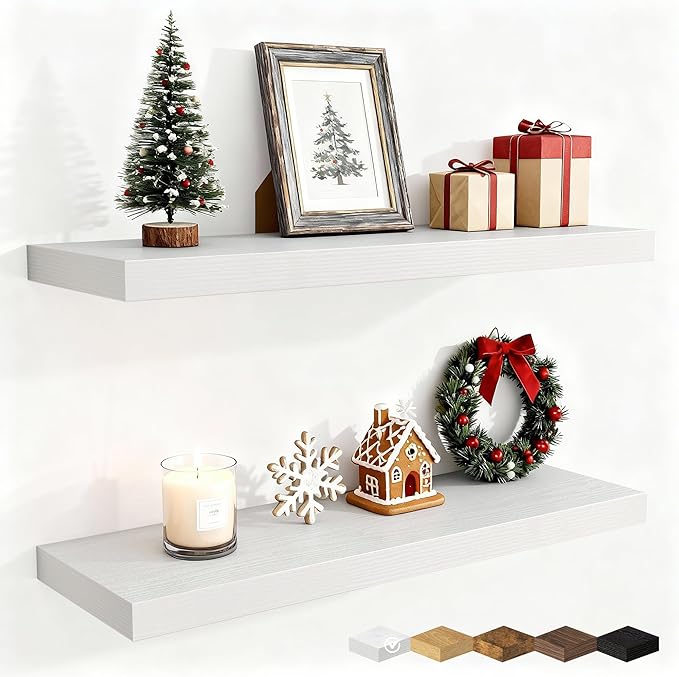 Fun Memories 30 Inch Floating Shelves for Wall, 9 Inch Deep White Rustic Wood Wall Mounted Shelves for Bathroom, Bedroom, Living Room, Set of 2