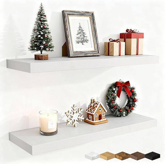 Fun Memories 30 Inch Floating Shelves for Wall, 9 Inch Deep White Rustic Wood Wall Mounted Shelves for Bathroom, Bedroom, Living Room, Set of 2