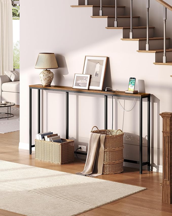 62.99" Narrow Console Table with Power Outlet 7.1" Skinny Sofa Long Behind Couch Table with Charging Station for Hallway, Living Room Rustic Brown and Black TXG16UBF