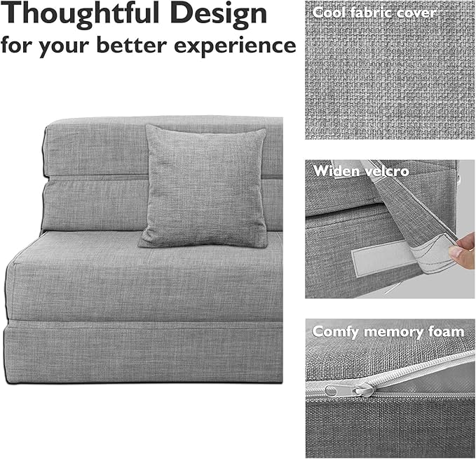 ANONER 60" Folding Sleeper Chair Sofa Bed Lazy Couch with 2 Pillows, Queen Size Memory Foam Washable Cover, Light Gray