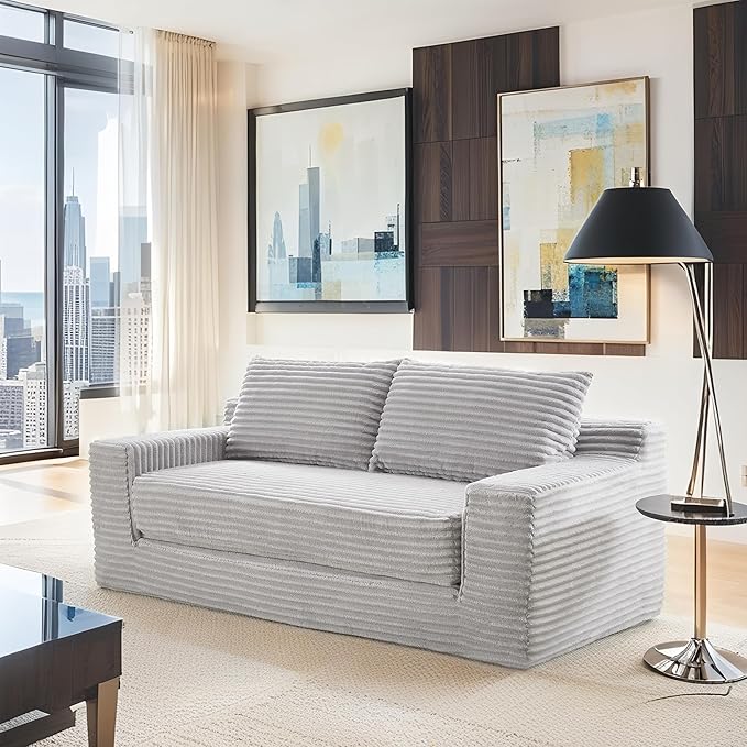 Fefances Loveseat Sofa Bed Boneless Couch, Convertible 2-in-1 Design, Corduroy Fabric - Compact Memory Foam Couch for Small Spaces, Apartments, Home Office & Bedroom （Grey）