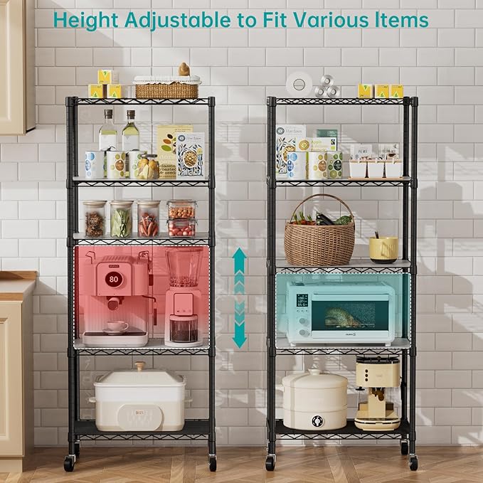 SINGAYE 5 Shelves Storage Shelf Wire Closet Bathroom Organizers Metal Pantry Kitchen Garage Shelving Unit Laundry Room Organization Home Rack Net Basket Black with Wheels