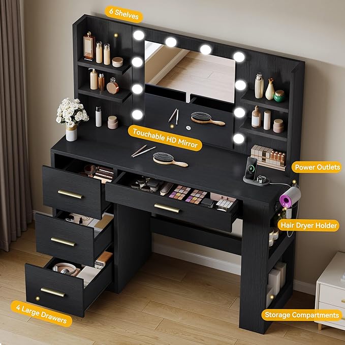 DWVO Vanity Desk with Mirror, Power Outlet and 10 Lights, Big Vanity Makeup Table with 4 Drawers and 8 Open Storage Shelves, 3 Color Modes Adjustable Brightness for Bedroom, Black