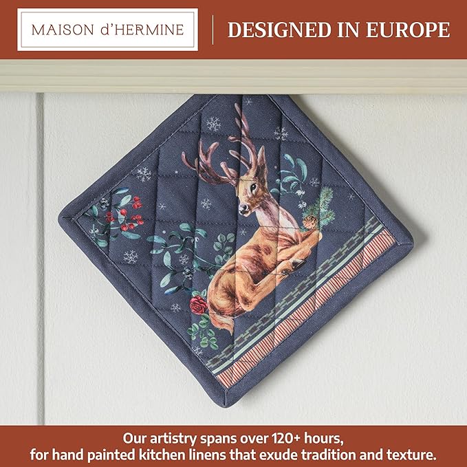 Maison d' Hermine Pot Holders 100% Cotton Heat Resistant Potholders 8" x 8" Hot Pads with Loop for Thanksgiving Christmas Decorations BBQ Cooking Baking Handling Hot Pans (Pack of 1, Christmas Joy)