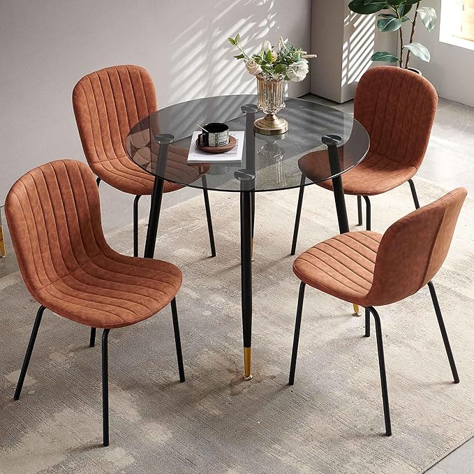 Set of 4 Upholstered Dining Chairs, Vintage Home Kitchen Chairs Faux Leather PU, Modern Mid-Centuray Accent Chairs with Metal Legs for Vanity