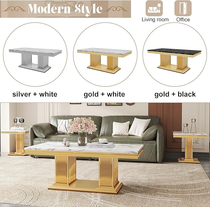 47" Marble Coffee Table, Modern White Center Table with Golden Pillar Stainless Steel Base, Rectangle Faux Marble Coffee Table for Living Room, Office