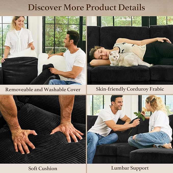Modular Sectional Sofa 6 Seat Corduroy Sectional Sofa with Storage Ottoman, Comfy Modular Couch Sleeper Sofa Bed, Sectional Couches for Living Room, Black