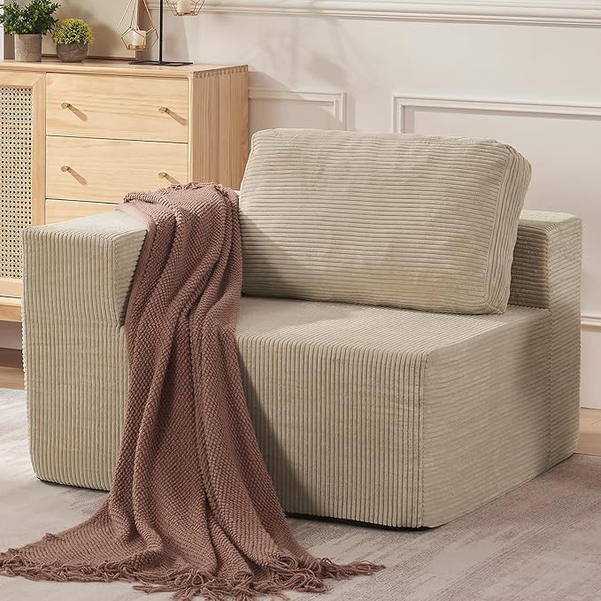40" Modular Upholstered Foam Couch, Upholstered Floor Sofa Couch with Pillow, Single Sofa for Bedroom Living Room, No Assembly Required (Corduroy Fabric, Beige)